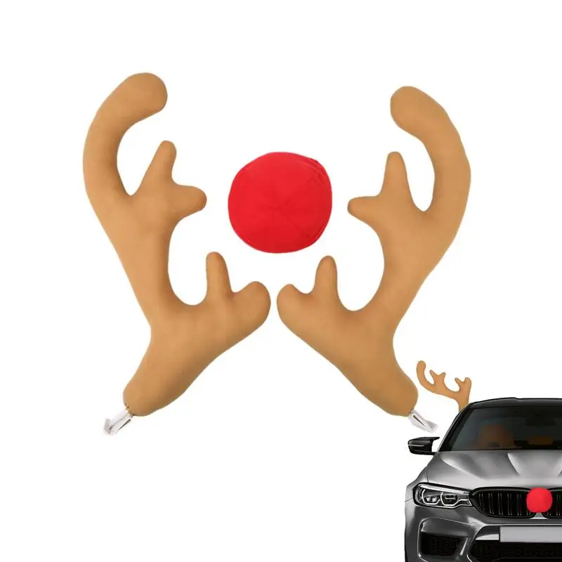 Car Christmas Antler Cloth Cover Christmas Gift Reindeer Nose Decoration Set Decorative Pendant Xmas Christmas Antler and Nose