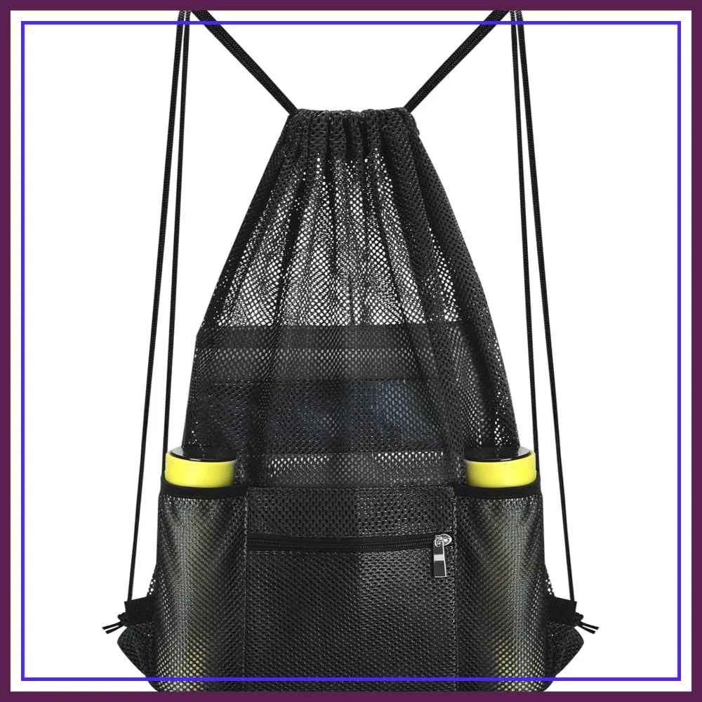 

Mesh Drawstring Backpack, Gym Sports Bag with Zipper Pocket & Bottle Holder, Lightweight Beach Bag for Travel