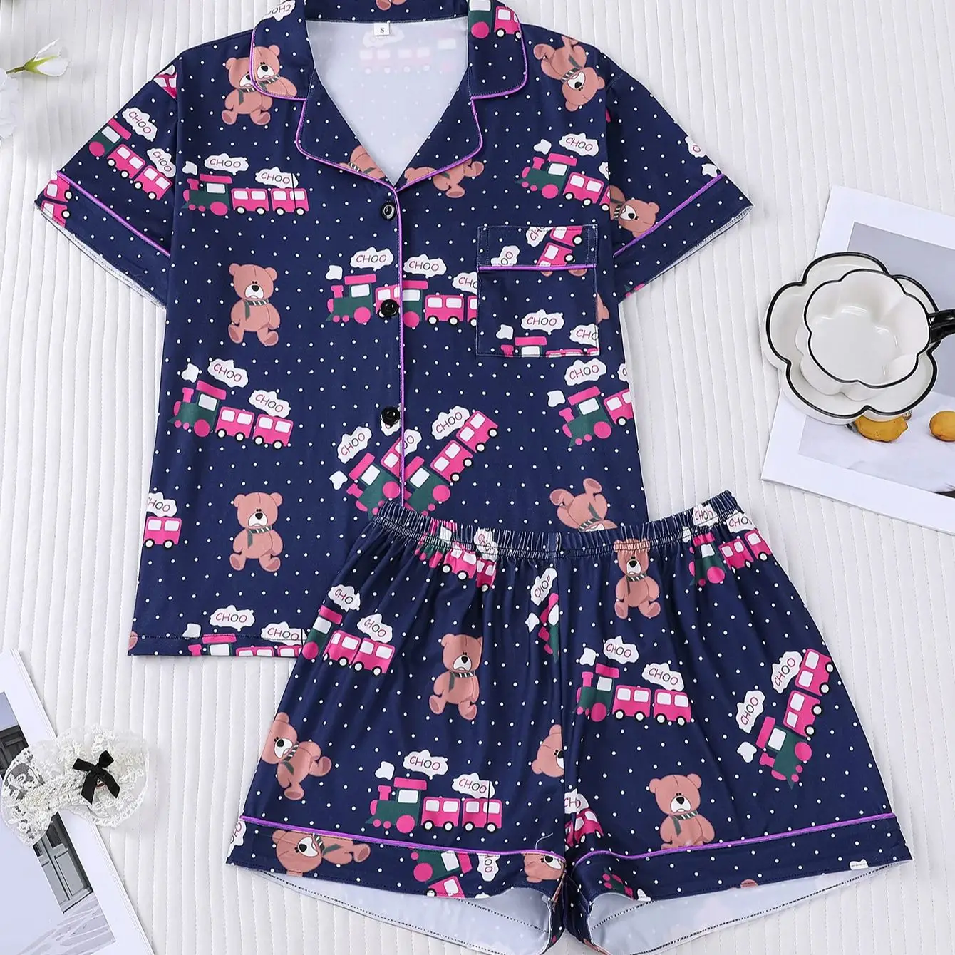 Cute Little Bear Train Printed Pajama Set, Women's Summer Short Sleev Ed Shorts, Loose and Comfortable Two Piece Home Set