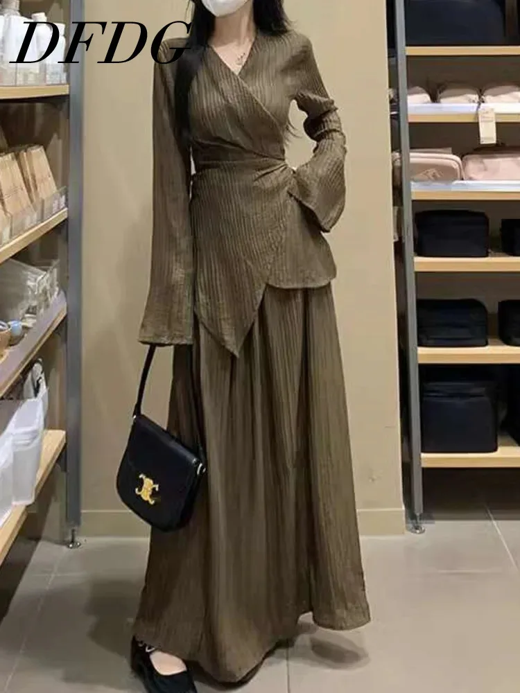 

DFDG высококачественный дизайн, плиссированный топ с v-образным вырезом, весна/лето 2023, новая женская свободная юбка с высокой талией, утягивающий комплект из двух предметов