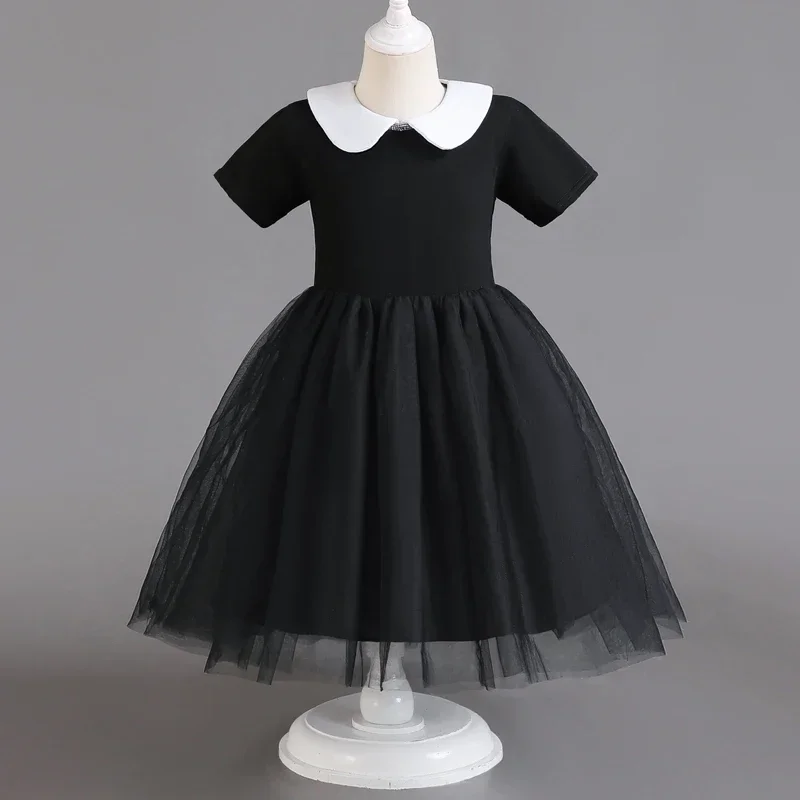 Halloween Carnival Girls Costume Cute Doll Collar Kids Black Gothic Dress Girls Prom Gown Party Wednesday Addams Cosplay Outfits