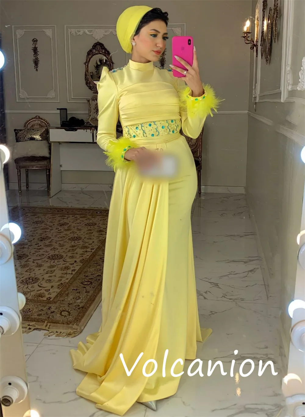 カスタマイズされたスパークルファッションジャージースパンコールフェザーAラインハイカラーロングドレスオーダーメイドオケージョンカジュアル