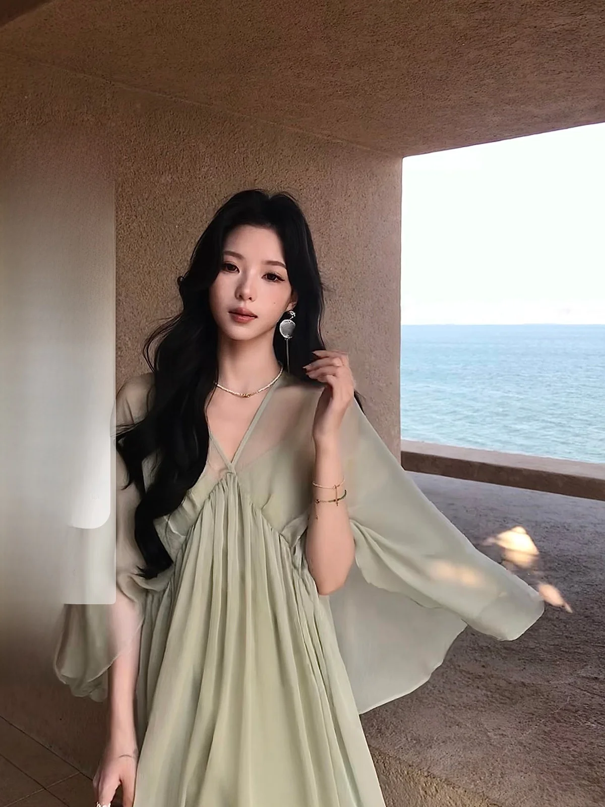 

Iceolly Beach Vacation Style Shoulder Shawl Dress Women's Beautiful Green Long Dress Casual Loose Fit V-Neck Seven Sleeve