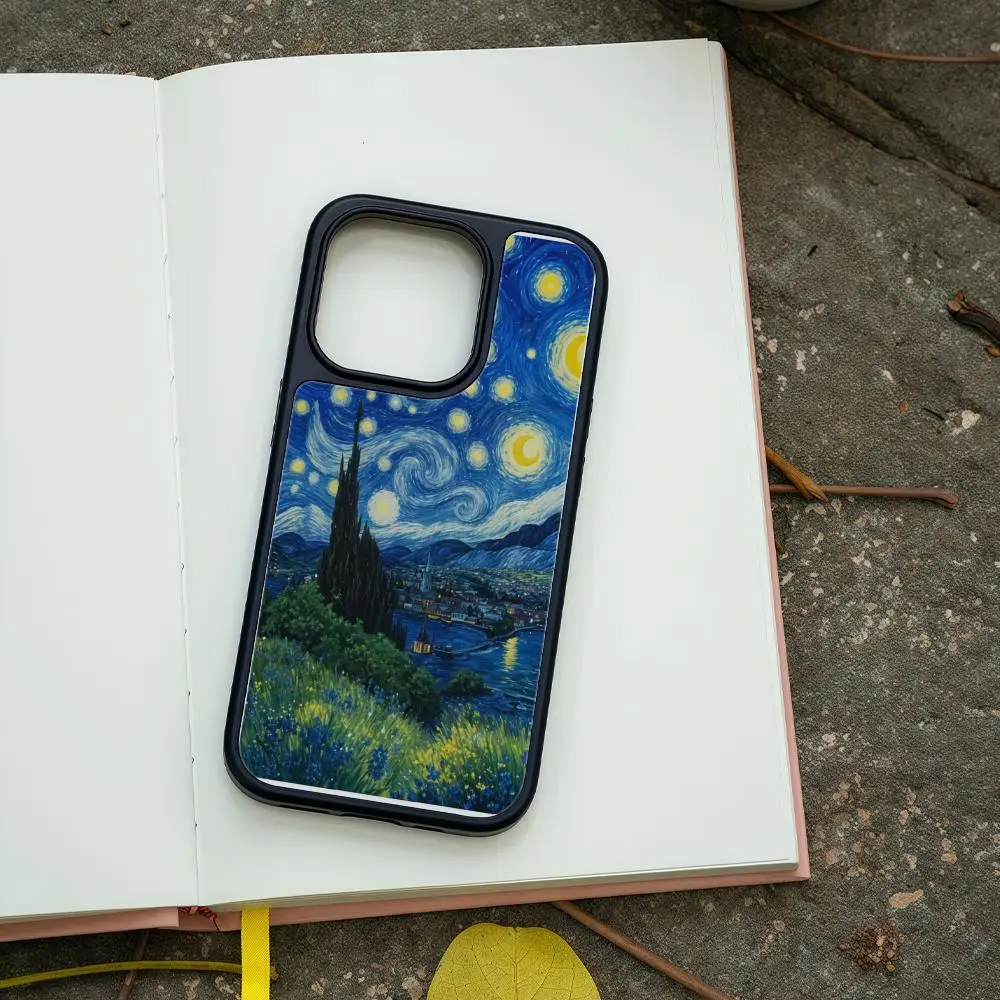 

Van Gogh's Starry Sky Phone Case For IPhone 16 15 14 13 12Plus Pro Max Case Advanced carbon fiber black frame acrylic case