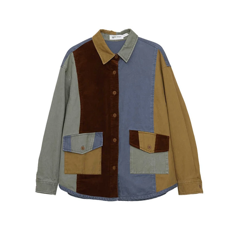 MOVEUP Women's Color‑Block Corduroy Shirt 2026 Winter Lapel Splicing Patch Pocket Tops Retro Casual Cotton Loose Tops 3ELD20403