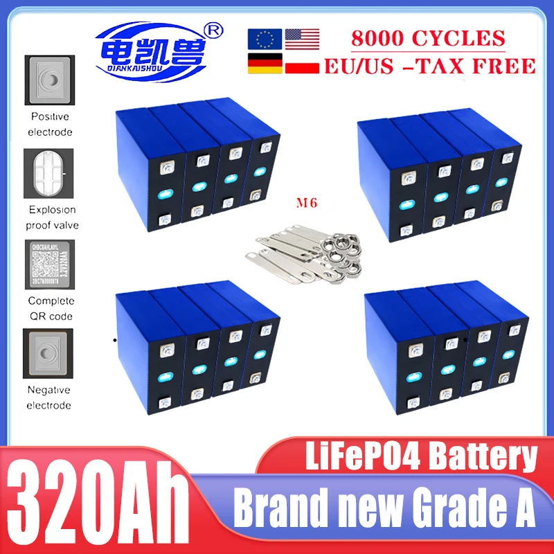 

320ah 8000 cycle LiFePO4 3.2v rechargeable battery, suitable for DIY 12V 24V 48V caravan marine solar energy system no tax