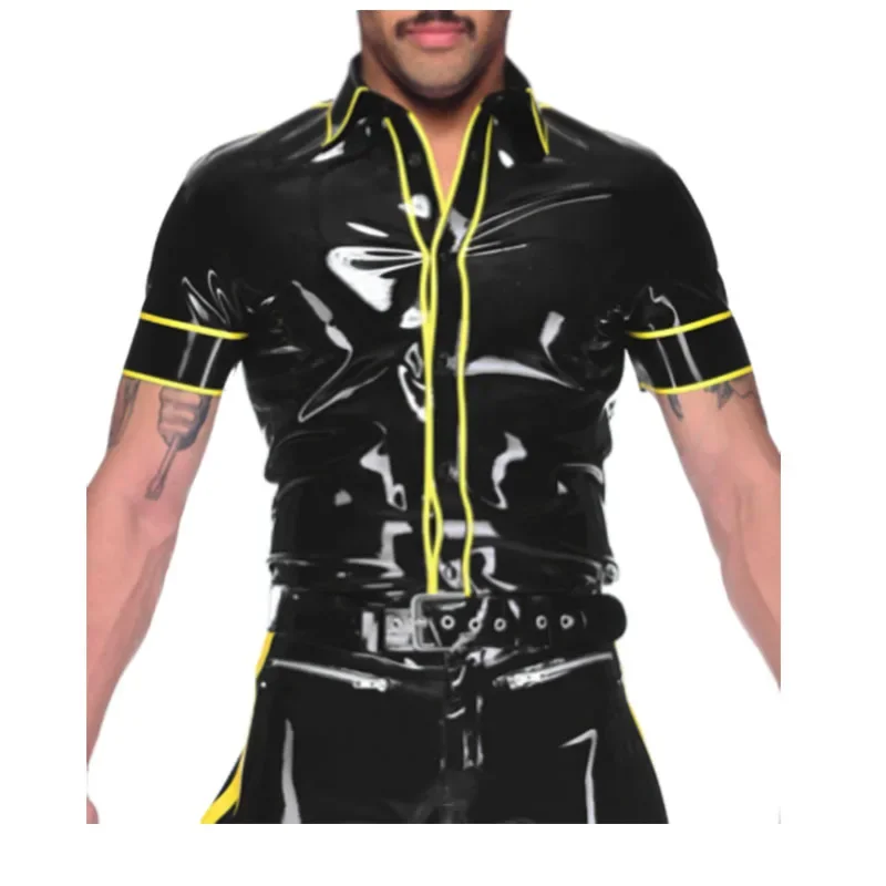 

Handmade Men Latex Top Rubber Gummi Male Short Sleeves Shirt Yellow Cool Customized 0.4mm