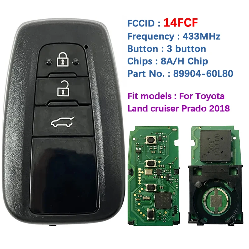 CN007262 Aftermarket Smart Key For Toyota Land Cruiser Prado 2018 Genuine Smart Remote 8A Chip 433MHz 89904-60L80 14FCF