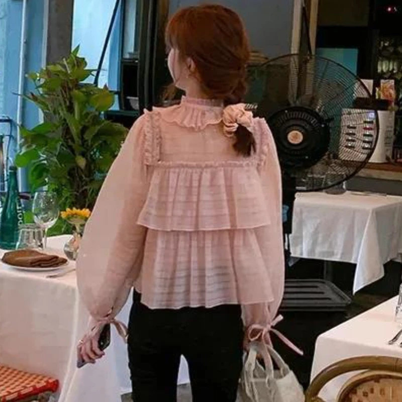 Shirts Women Spring Sweet Fashion Ruffles All-match Design Lace-up Tender Elegant Trendy Leisure Korean Style Ladies Puff Sleeve