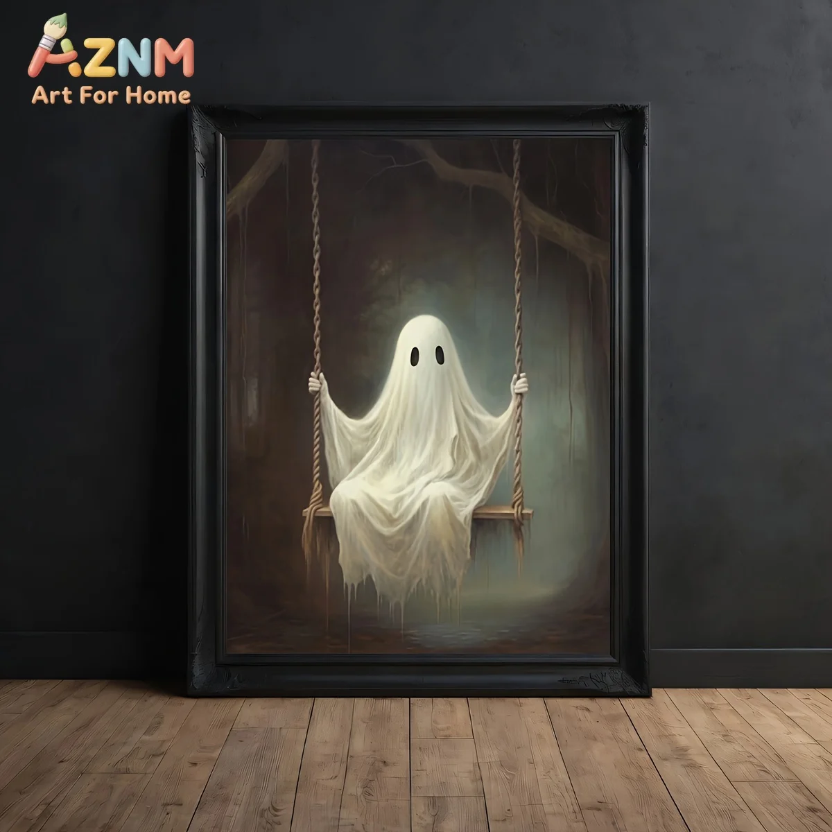 AZNM Cute Ghost On Swing Canvas Wall Art, Vintage Dark Gothic Halloween Poster, Unframed Canvas Painting for Home Room Decor
