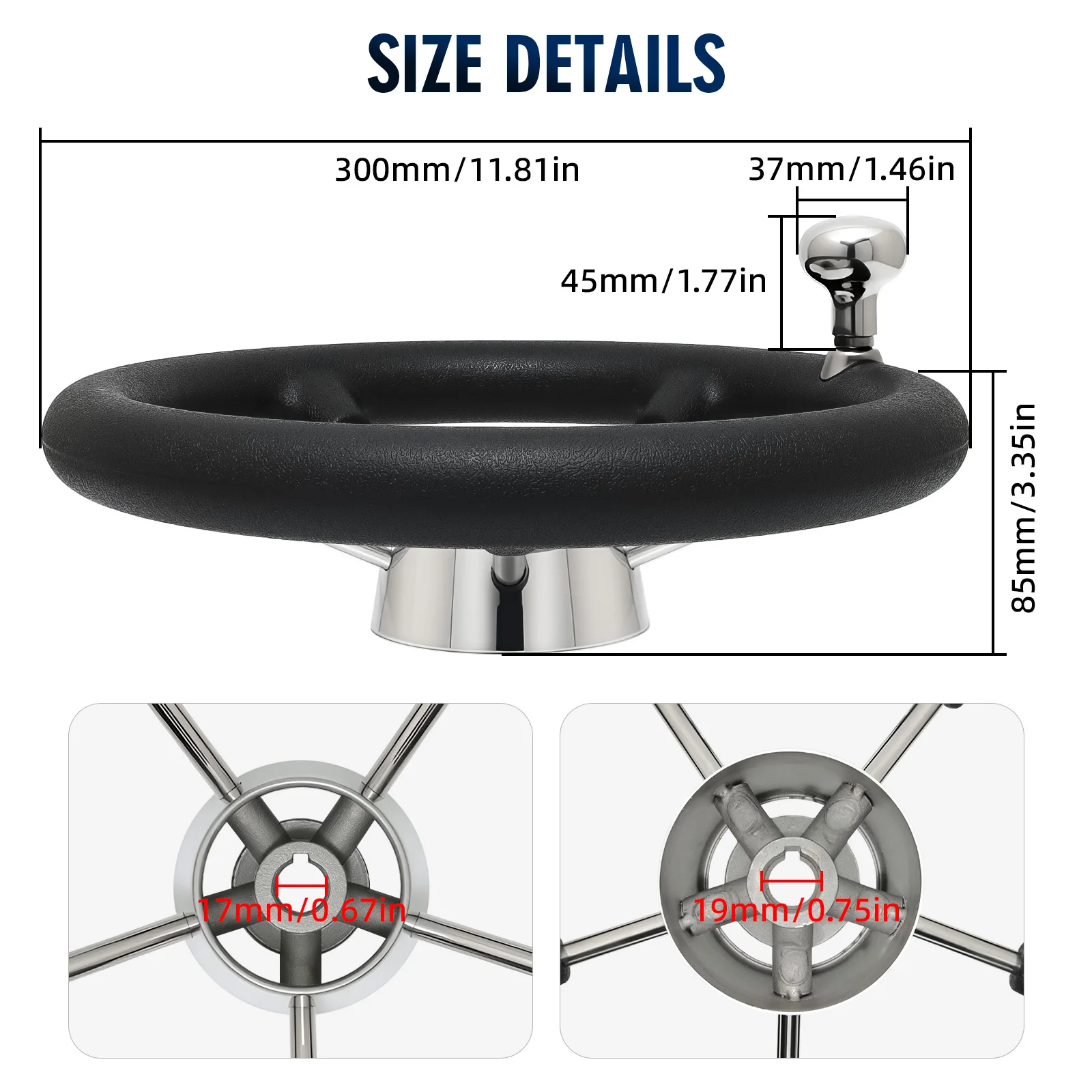 11 Inch stainless steel 5 Spoke Destroyer Steering Wheel with Black Foam With Anti-skid Function With Knob Grip Boat Accessories