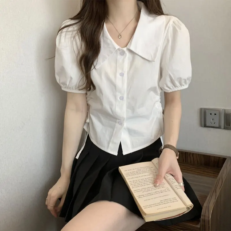 French Style Shirring Drawstring Blouse Summer Solid Color Women's Clothing Turn-down Collar Waist Single-breasted Short Shirts