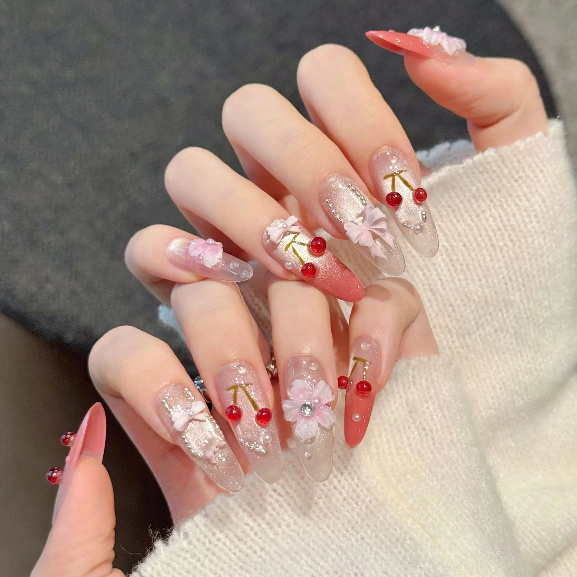 10 pezzi di fiori di ciliegio stampa sulle unghie fatte a mano 3D floreale carino dolce fiocco design unghie finte per donne ragazze