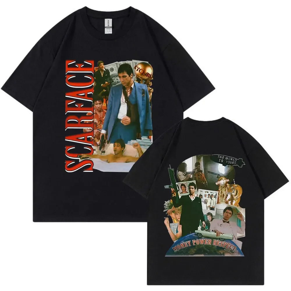 Vintage 90s Movie Scarface Al Pacino Tony Montana T-shirt Double Sided Graphic Print Oversized T-shirts Hip Hop Punk Streetwear