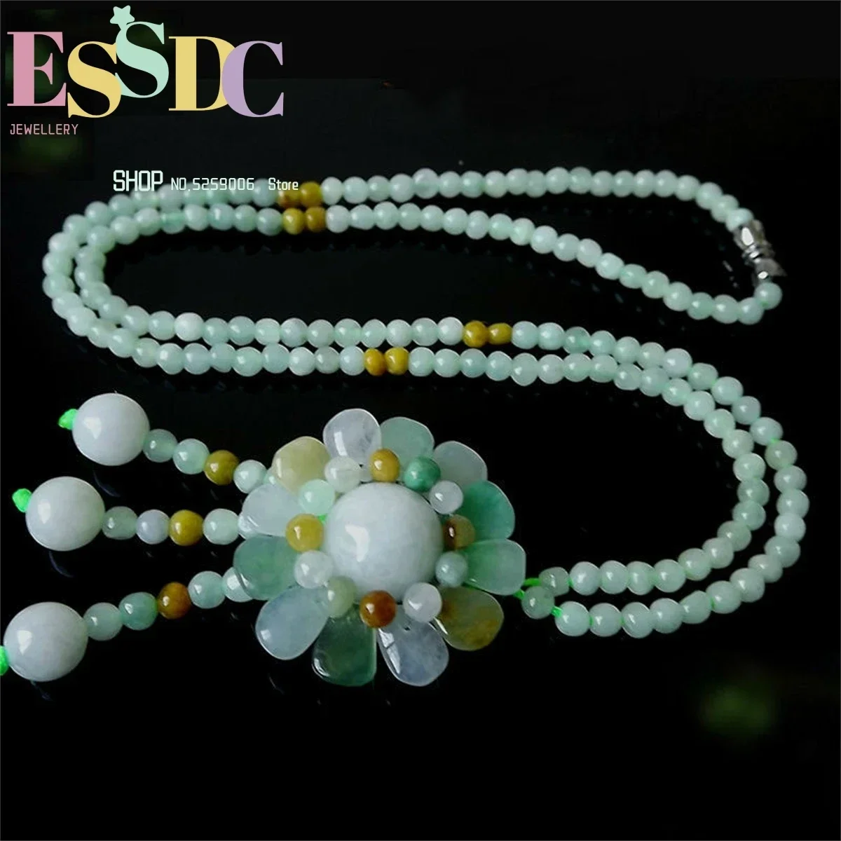 Wholesale Class A Natural Burma Emerald Sun Flower Pendant Necklace Three-Color Jade Round Bead Sweater Chain Ladies Jewelry Pen
