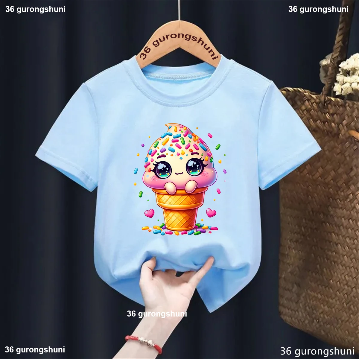 Watercolor Ice Cream Donut Milk Tea Printed Tshirt Girls/Boys Harajuku Kawaii Kids Clothes Solid Fashion T-Shirt Summer T-Shirt