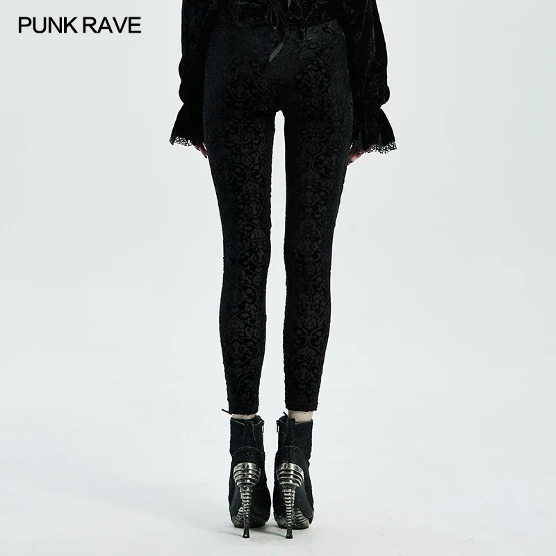 PUNK RAVE Women\'s Gothic Palace Retro Burn Out Flower Leggings Daily Wear Adjustable Elastic Band Skinny Delicate Pencil Pants