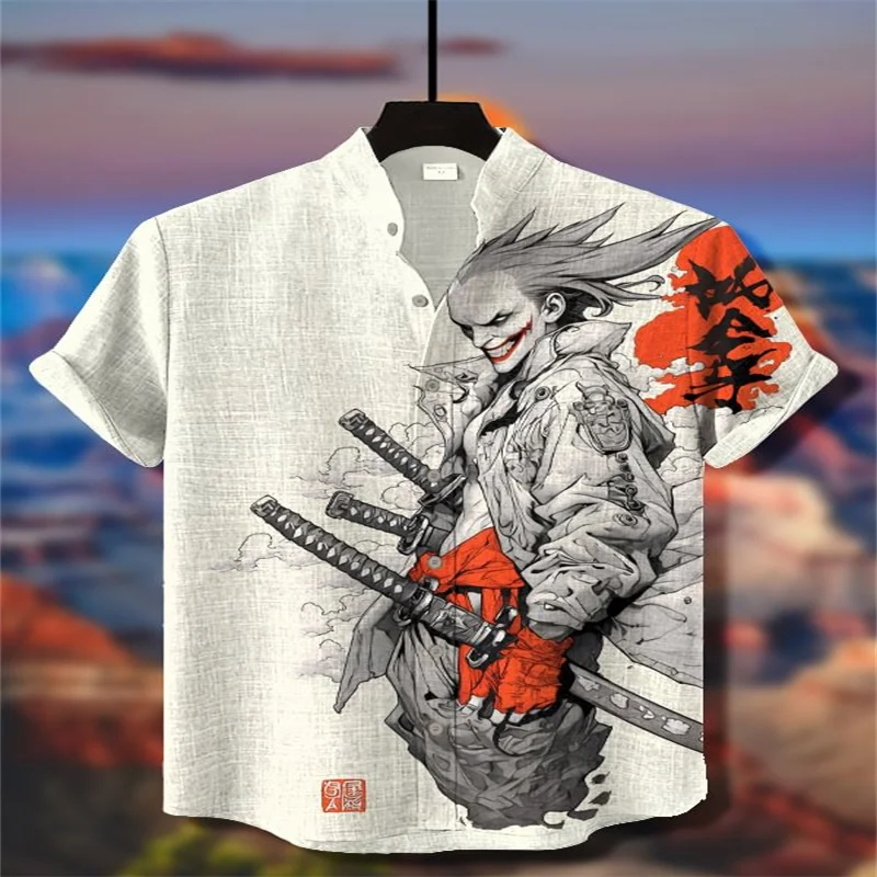 

Men's Japanese retro clown samurai calligraphy art casual shirt samurai tower tree Japanese printed short sleeved shirt