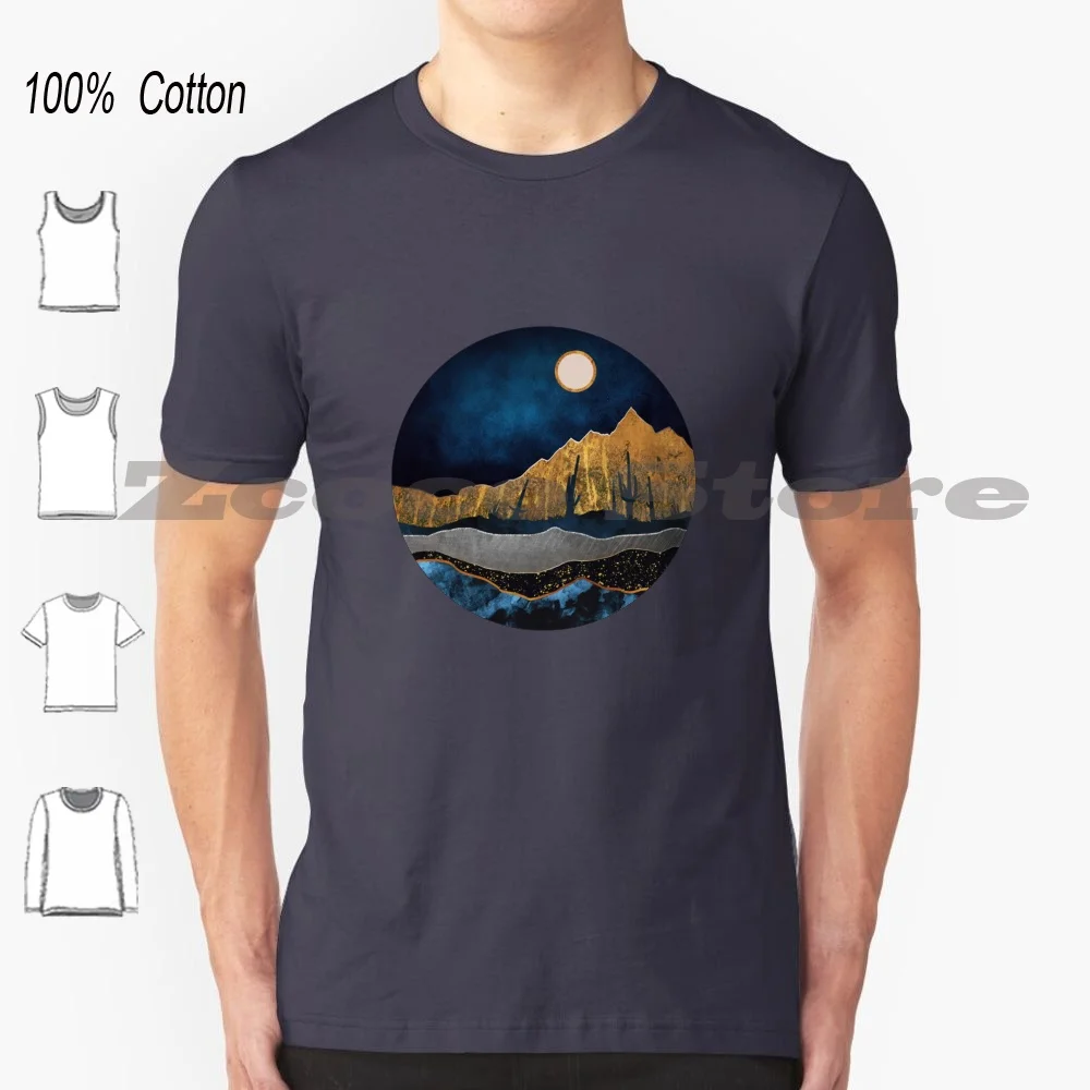 

Midnight Desert Moon 100% Cotton Men And Women Soft Fashion T-Shirt Midnight Night Desert Moon Mountains Blue Indigo Navy Gold