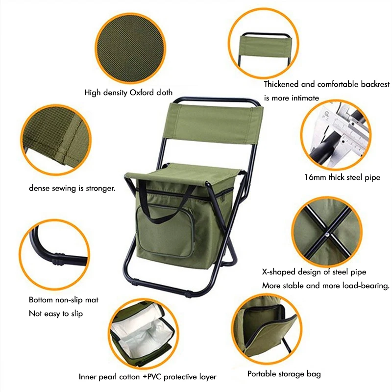 Fishing Chair with 10L Cooler Bag Compact Backpack Fishing Stool Foldable Camping Chair Portable Lightweight Stool