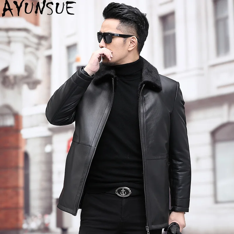 AYUNSUE New Genuine Leather Jacket Men Winter 2025 Mink Fur Liner Coat Real Sheepskin Leather Jackets Man Casual Black Fur Coat