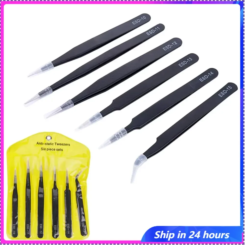 

6pcs Precision Tweezers Set ESD Anti-Static Stainless Steel Tweezers Repair Tools for Electronics Repair Soldering Craft Tools