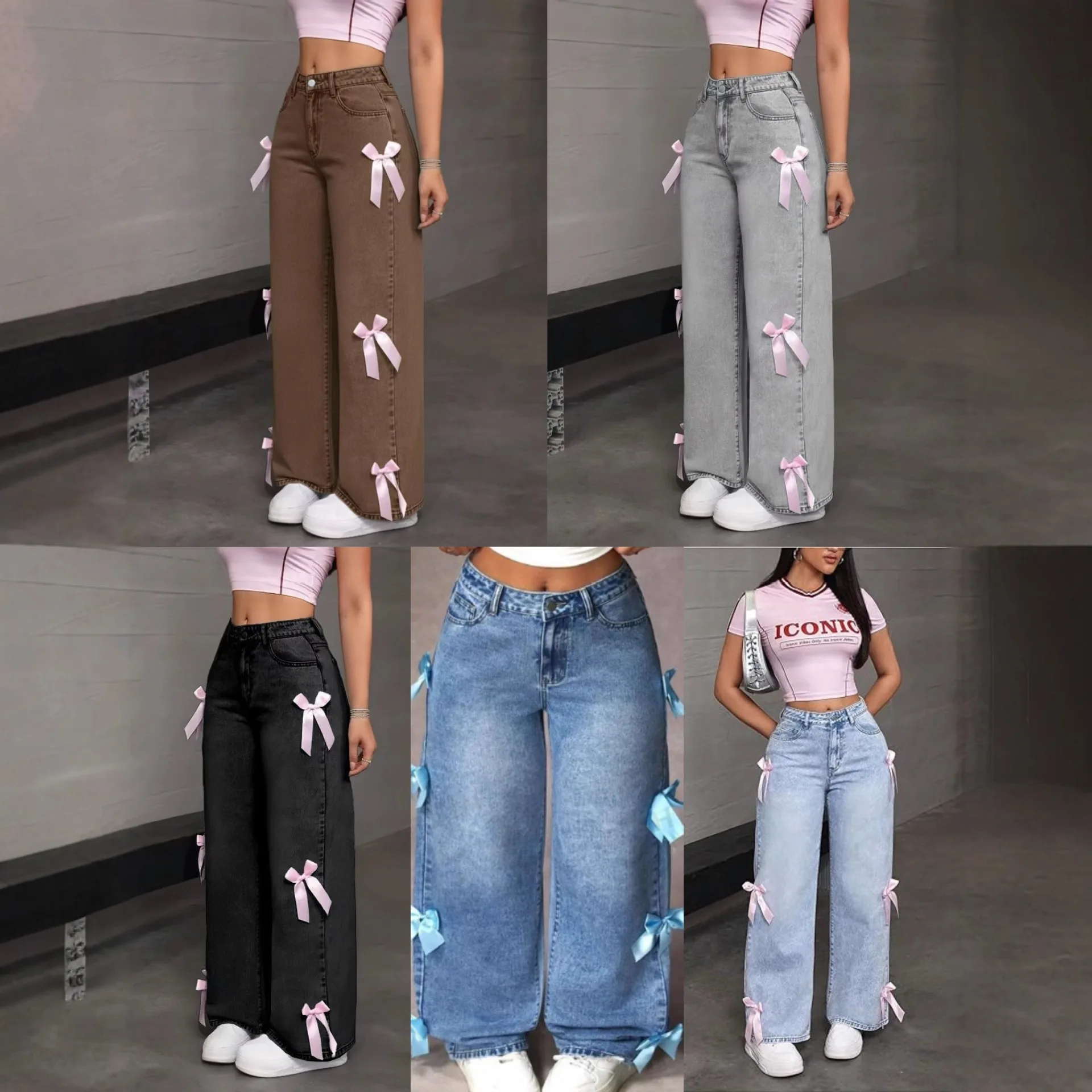 Hot-selling y2k street babes bow collage washed jeans European and American straight trousers ins