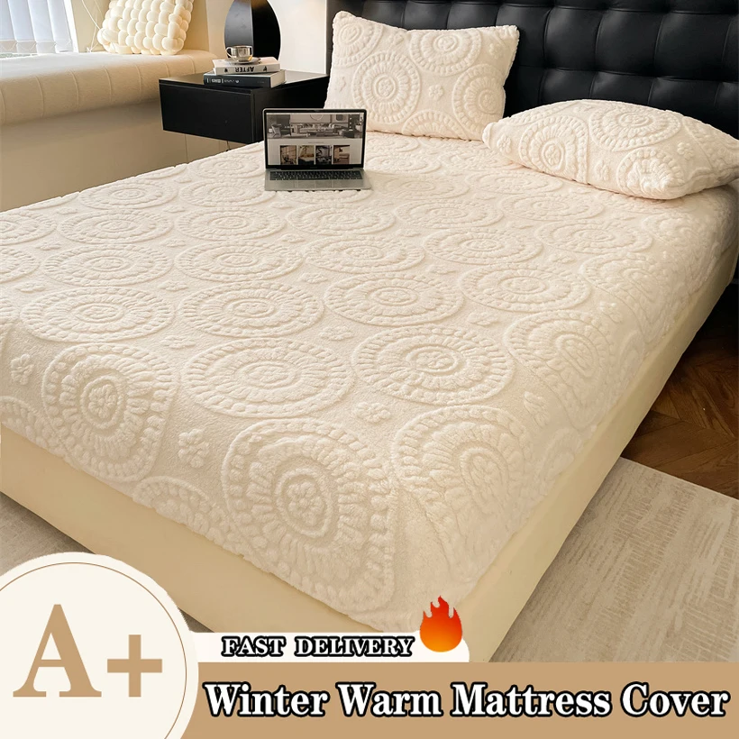 Warm Velvet Bed Fitted Sheet with Elastic Band Jacquard Mattress Protector Covers Soft Bed Cover Single King Queen Size Bedsheet
