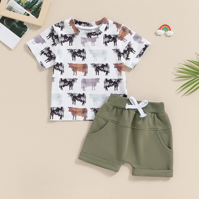 2Pcs Baby Boy Western Clothes Short Sleeve Cow Print Tops Rolled Shorts Set Toddler Summer Outfits