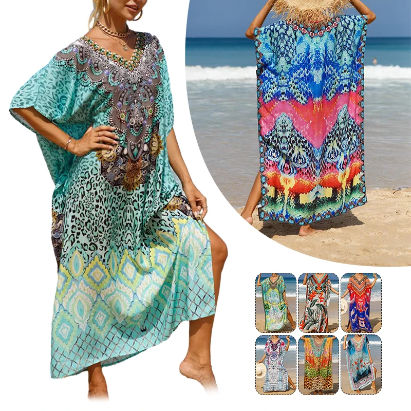 

Fashion Bohemian Beach Dresses Maxi Tunic Floral Printed Kaftans for Women Summer Seaside Holiday Beachwear Bathing Suits