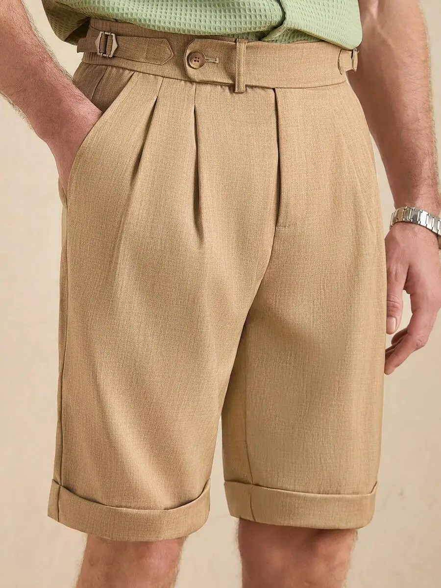 

Men’s Tan Double-Pleated Gurkha Shorts With Belt Loops, Cuffed Hem, Linen Blend For Summer Casual Or Golf Wear