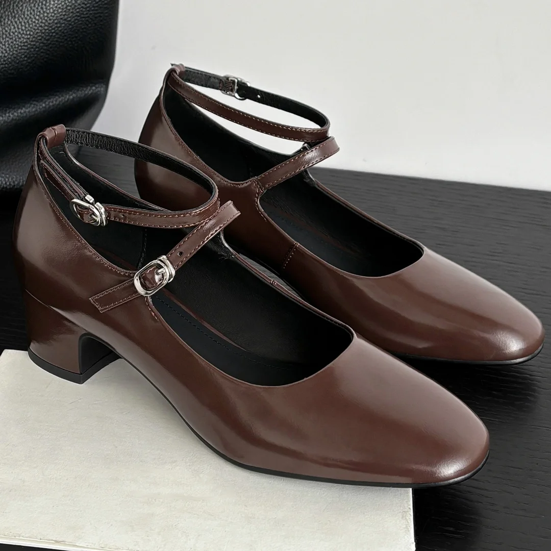 

Women's genuine leather double metal buckle ankle strap pumps elegant ladies 3.5cm thick med heel daily slim dress heeled shoes