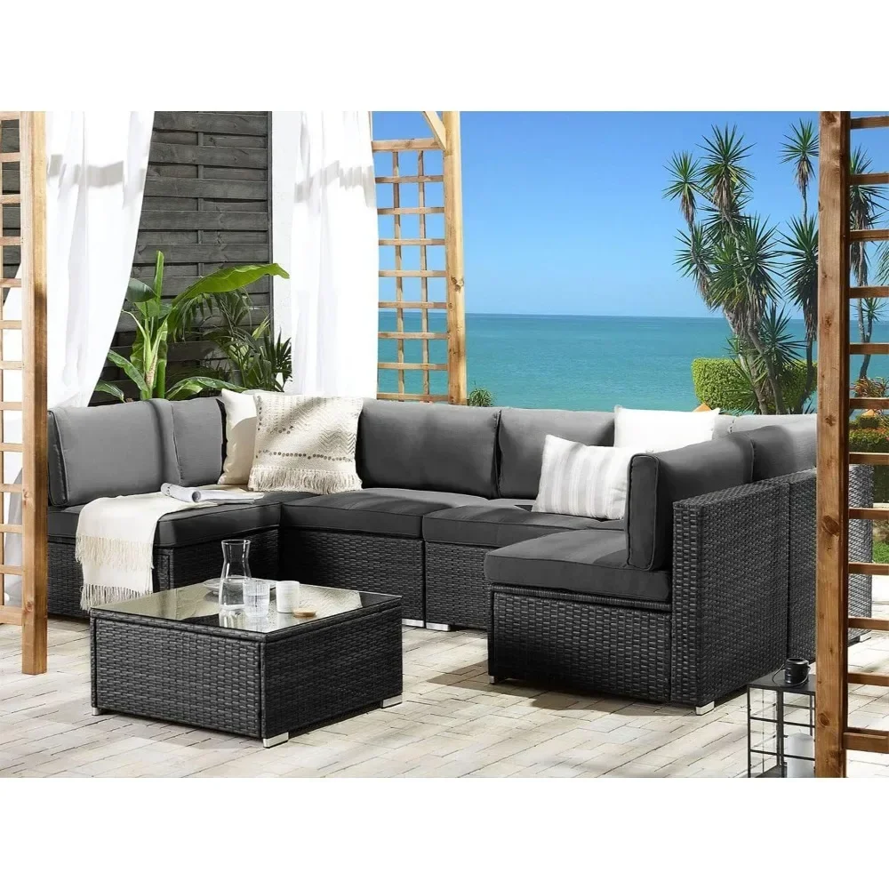 Juego de muebles de Patio para exteriores, sofá Seccional de mimbre negro para todo tipo de clima, mesa de centro de vidrio moderno y asiento lavable, 7 piezas