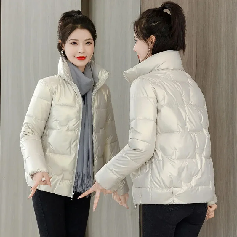 Winter Bright Cotton-Padded Jacket Female 2025 New Short Collar Down Coat Women Parkas Korean Thickened Outerwear Large Size Top