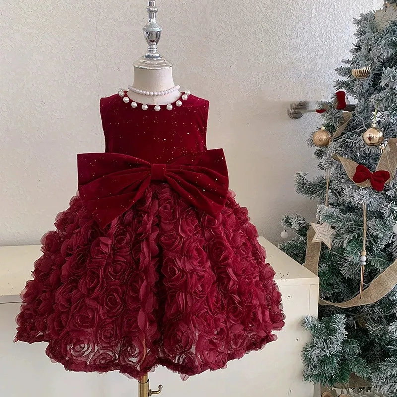 

Girls' Velvet Vest Dress Red Princess Style New Year's Dress Winter Children's Fashionable Baby Dress