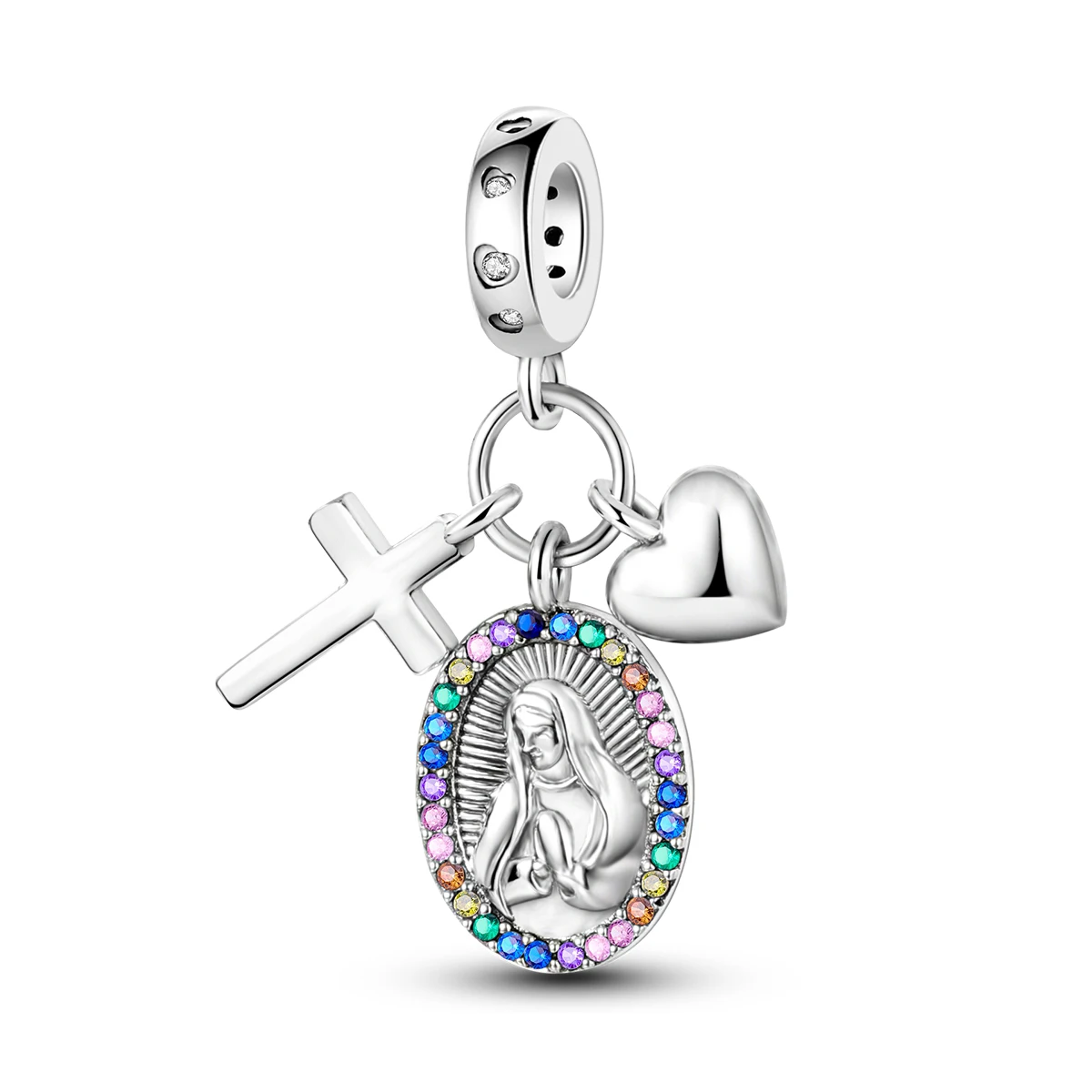 925 Sterling Silber Jungfrau Maria Kreuz Anhänger Mehrfarbiger Regenbogen CZ Religiöser Dangle-Bead Passend für Armband Halskette Damen DIY Schmuck