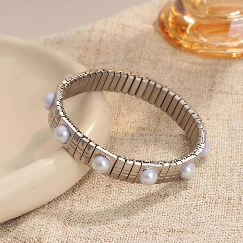 Loe| Korean Fashion Elastic Pearl Bracelet. Stainless Steel .Casual Sport Jewelry. New 2024