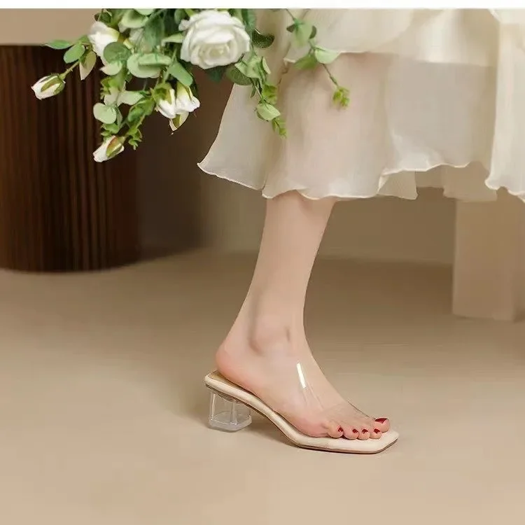 Soft Padded Crystal Heeled Mules Woman Transparent Sandals Ladies Fashion Slip-on Square Toe Low Heel Clear Slipper Shoes