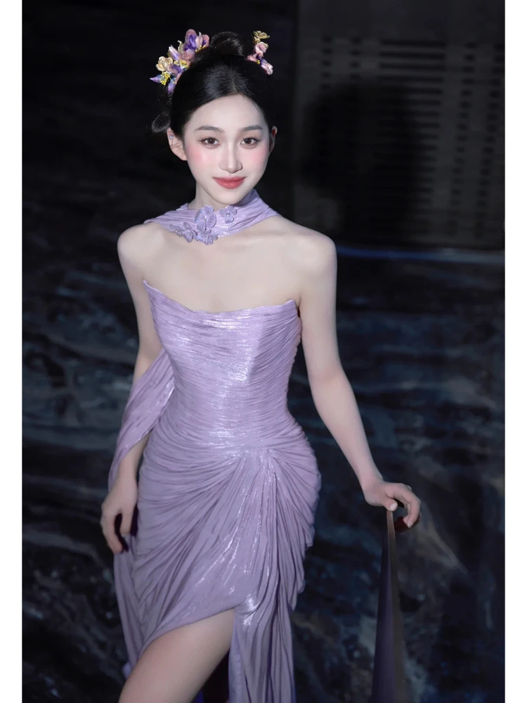 

Elegant Light Purple Women's Cocktail Dress Sexy Slit Backless Slim Mermaid Dresses Satin Strapless Floor Length Prom Gown