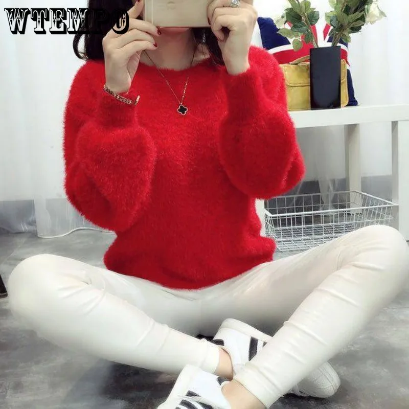 WTEMPO Round Neck Knitted Sweater Women\'s Loose Soft Pullover Solid Color Long Sleeve Fall Winter Jumper Thickened Warm Knitwear