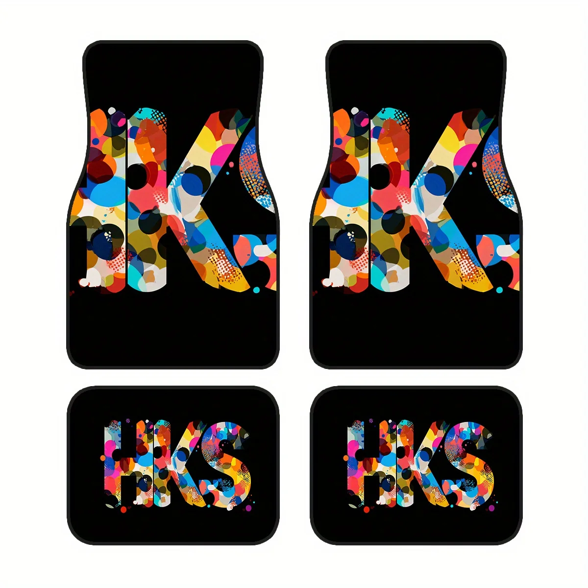 4pcs, Non-Slip Polyester Car Mats With Colorful HKS Letter Pattern, Suitable For Sedans And SUVs, Interior Decoration To Protect