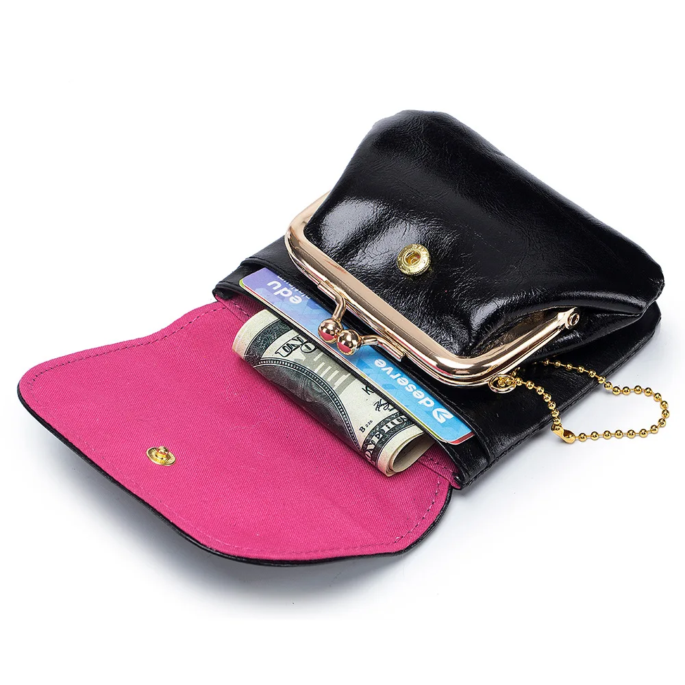 Genuine Leather Coin Purse Women Cowhide Change Purse Metal Hasp Closure Card Holder Wallet Vintage Kiss Buckle Small Clutch Bag