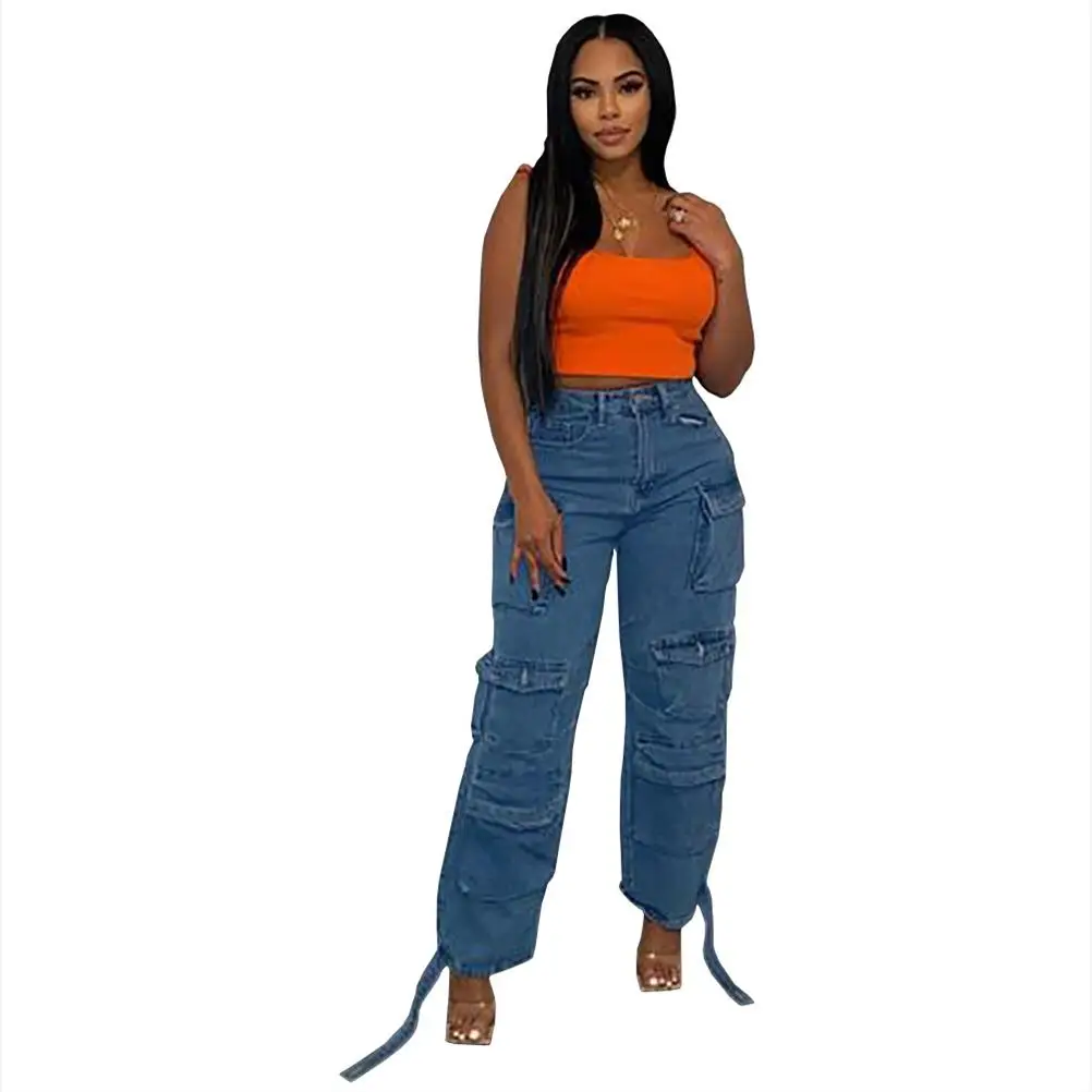 

Trendy rican Large Size Denim Pants Women's High Waist Multi-ket Workwear Jeans Cotton 00% High Waist Work Trousers