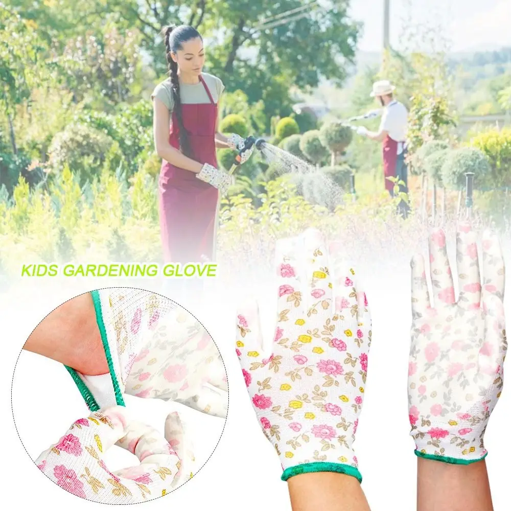 Pink Floral Pattern Work Gloves Multi-purpose Nitrile Kids Gardening Glove Anti Prickling Weeding Digging Planting