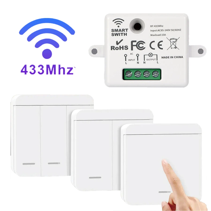 Interrupteur intelligent avec télécommande sans fil RF433MHz, 110V 220V, 10a, relais récepteur, panneau mural, lampe Led, ventilateur, interrupteur marche/arrêt