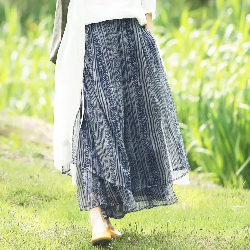 Spodnie-spódnica z lyocellu na wiosnę i lato, lekkie, z nadrukiem, dwuwarstwowe, luźne, z szerokimi nogawkami, słodkie, długie, w kształcie litery A, bawełniana spódnica.