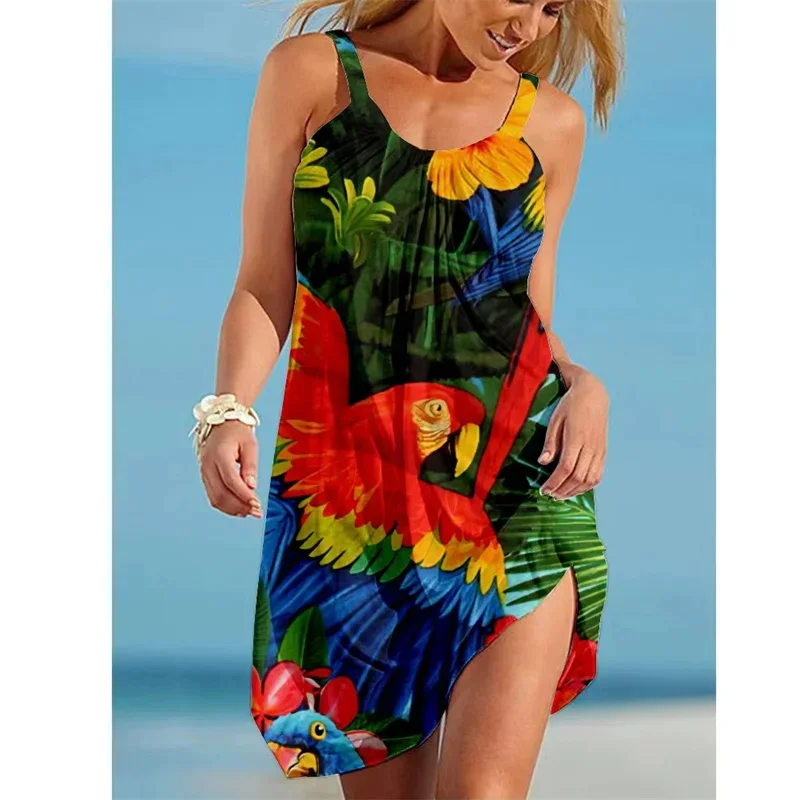 

Summer Sexy Beach Halter Dresses Colorful Parrot Print Women's Halter Dresses Vacation Party Fashion Sleeveless Dresses