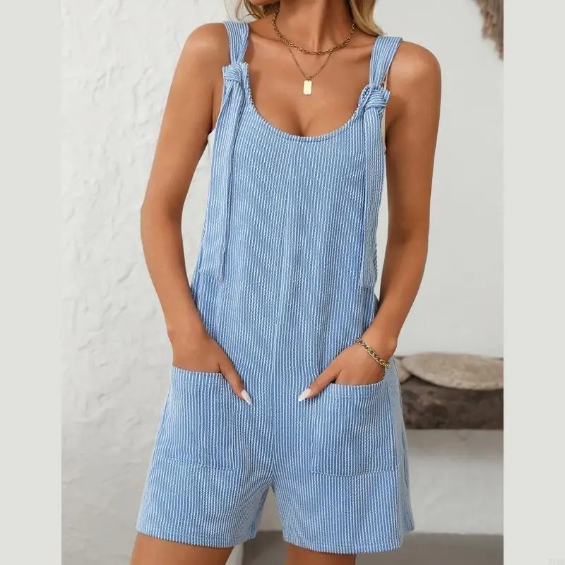 

77HE Womens Twist Stripe Knitted Bib Overall Casual Loose Shorts Sleeveless Jumpsuit Tie Straps Suspender Romper with Pockets