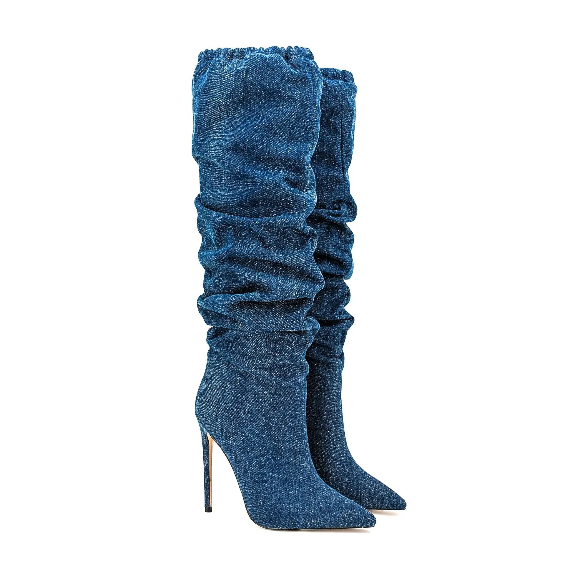 

Blue Over-the-knee-high Boots Pointed Toe Pleated Sexy Thin Super High Heels Solid Elastic Band Slip-on Party Dress Women Shoes