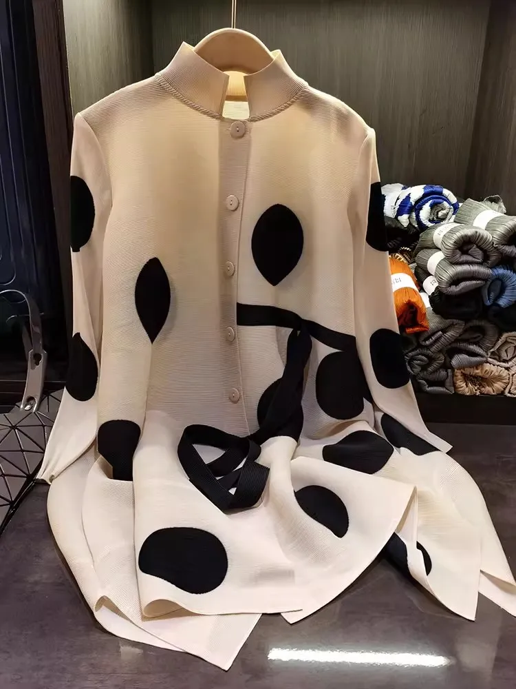 

Miyake Pleated Button Jacket Dress Women Spring Summer New Loose Sexy Dot Printed Designer Causal Lace Up Women Clothing